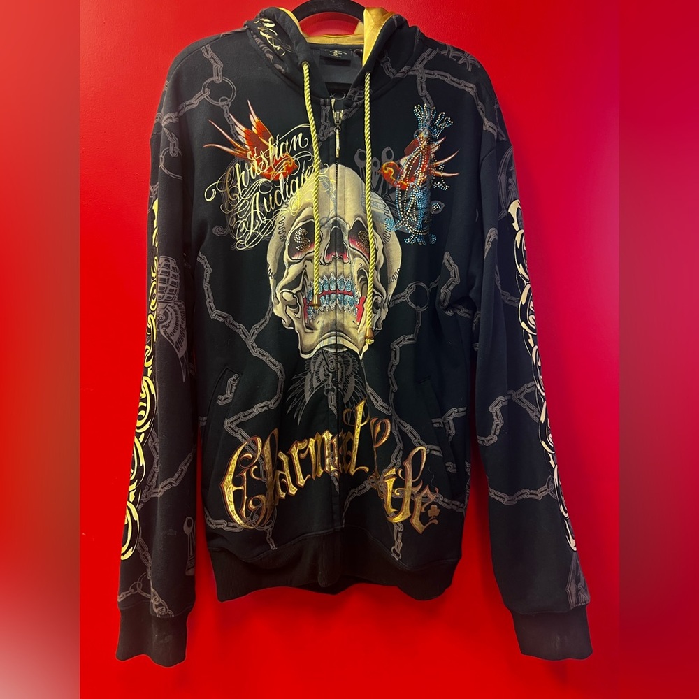 Christian Audigier Black and Gold Skull Hoodie very rare limited edition release